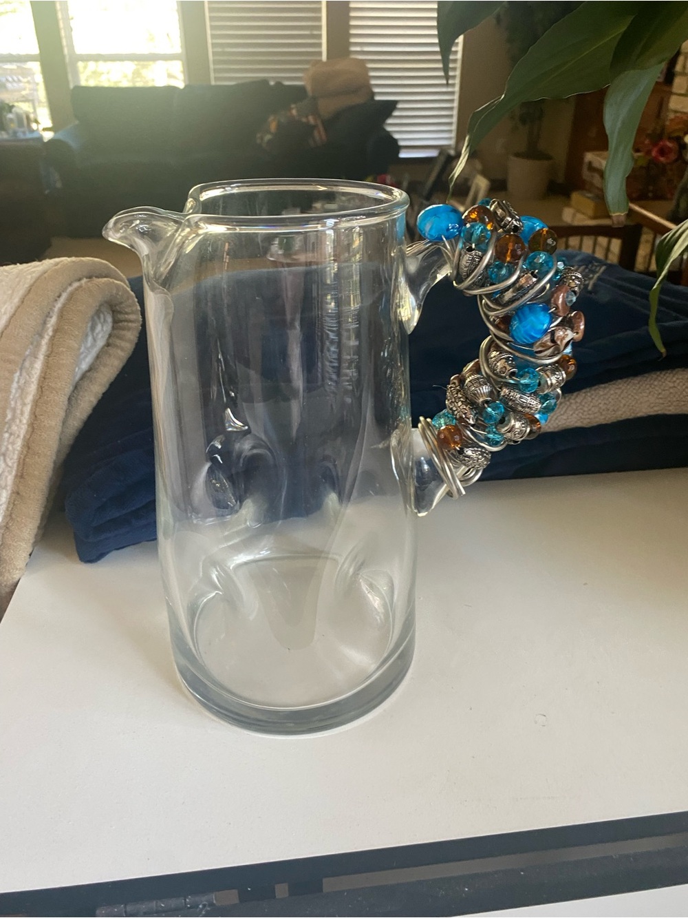 Glass Pitcher with Blue and Amber Beaded Handle